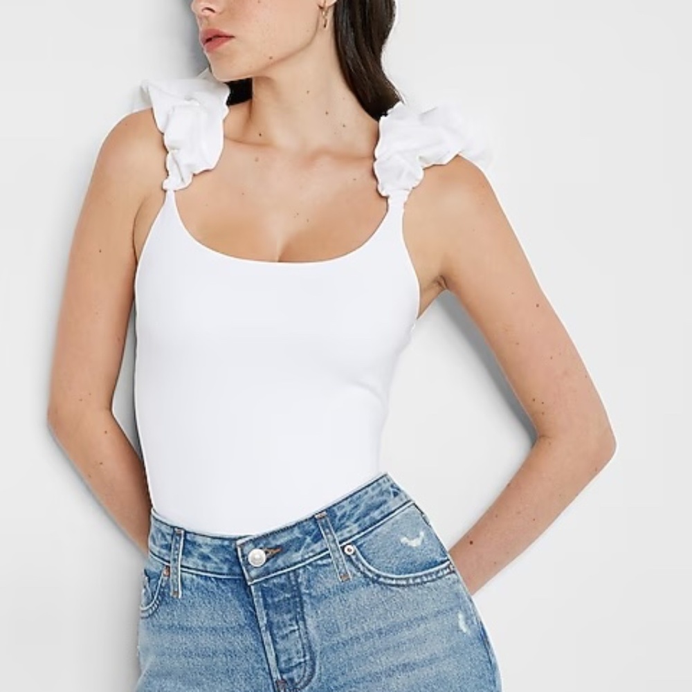 Express White Ruched Puff Strap Scoop Neck Thong Bodysuit | Size Small (S)